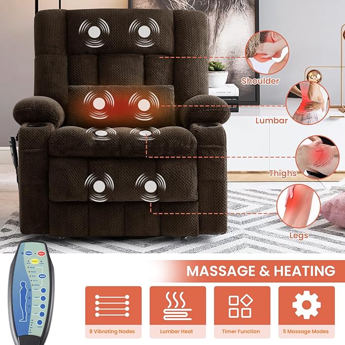 Dual Motor Power Lift Recliner Chair for Elderly, Infinite Position Lift Chair for Elderly W/Massage & Heat, Lay Flat Lift Recliner With Cup Holders, One-Touch Reset, Lumbar Pillow, Fabric (Brown)