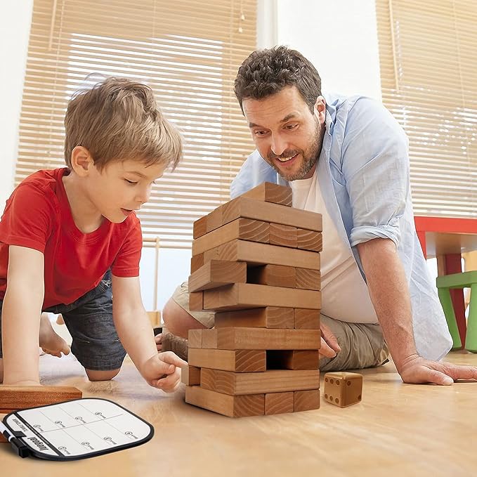 Juegoal 54 Pieces Giant Tumble Tower Blocks Game Giant Wood Stacking Game with 1 Dice Set, Gameboard, Canvas Bag for Adult, Kids, Family, Brown
