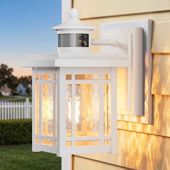 Gleamz Exterior Lighting Fixtures, White Modern Motion Sensor Porch Light, 100% Anti-Rust Outdoor Porch Lights Wall Mount, Weatherproof Outdoor Lantern Lights, Exterior Lighting Fixtures Dusk to Dawn