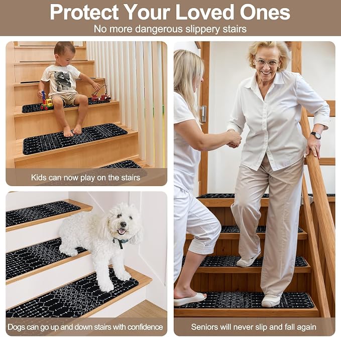 OJIA Stair Treads Non-Slip Stair Runners for Wooden Steps 15PCS 30"x8" | Indoor Carpet Stair Treads Stair Mats Staircase Step Treads for Kids, Elders and Dogs, Stair Covers, Black