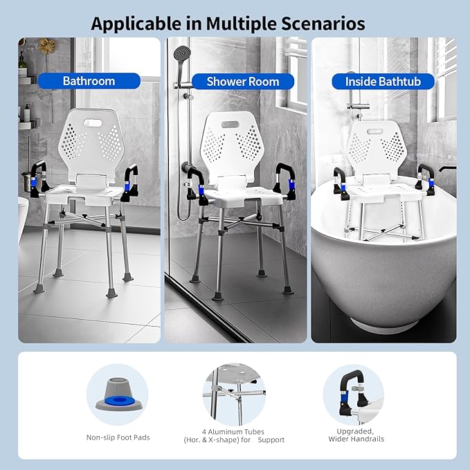 Shower Chair for Seniros Elderly Handicap Disabled or Bariatric Adults with Arms and Back, Bench Seat for Inside Shower stall and Bathroom Bath Tub Seats Adjustable Stool Heavy Duty 500 lbs sit Chairs