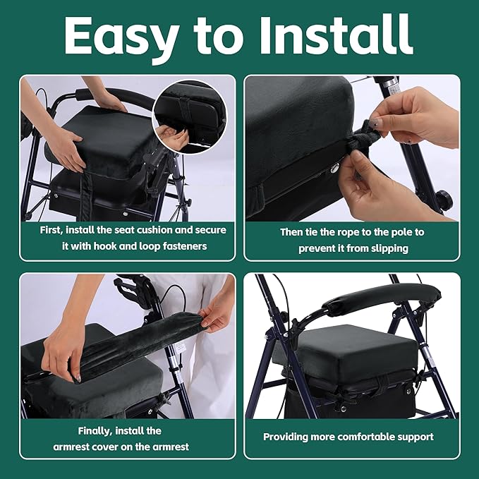 BALAPET Non-Slip Rollator Walker Seat Cushion and Backrest Cover Set for Elderly,Thickened 3in Supportive Memory Foam Walker Seat Cushion, Walker Seat Accessories for Seniors(Black)