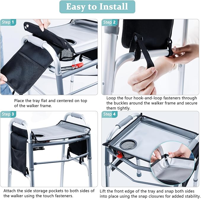 BAGSFY Walker Tray w/Side Pocket for Folding Walkers – Walker Accessory for Seniors with Cup Holder, Non-Slip Mat, and Easy Installation – Universal Fit Walker Table for Meals, Drinks, Reading