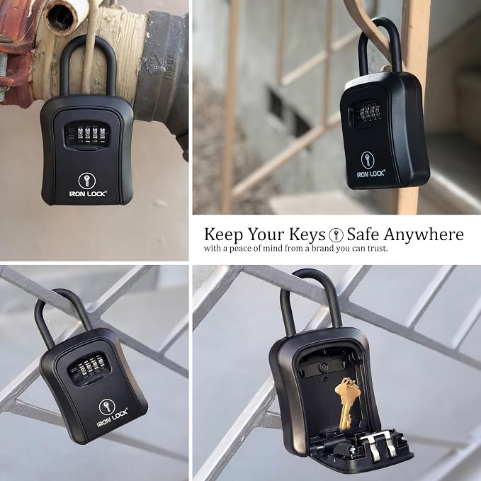Iron Lock® Medium Key Lock Box with Code, U-Shackle Opens Fully Out (Black) | Built-in key hooks + catch tray; hangs on handles, gates, fences or a hasp; wall-mountable; dial cover; no batteries