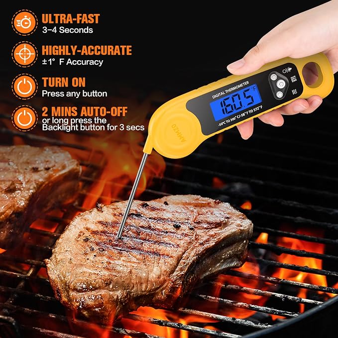 AMMZO Meat Thermometer Digital, Instant Read Food Thermometer - Waterproof w/Backlight for Cooking, Candy, Deep Fry, BBQ, Grill, Candy Making Accessories, Gifts for Men Women(Yellow)
