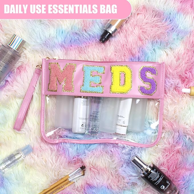 BuyCard Chenille Letter Clear Medicine Bags, Makeup Meds Bags, Preppy Patch Cosmetic Bag with Zipper&Wristlet, Waterproof PU&PVC Toiletry Medicine Storage Case, Portable Travel Drugs Pills Pouch Pink