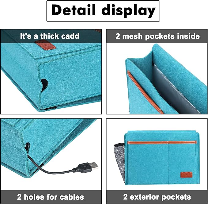 Bedside Caddy, Bed Storage Organizer for Remote Controller, Books, Magzine, Laptop Holder, 12.4'' x 8.6'' inch Bedside Hanging Felt Storage Bag for Dorm Bed with 5 Pockets, Celadon