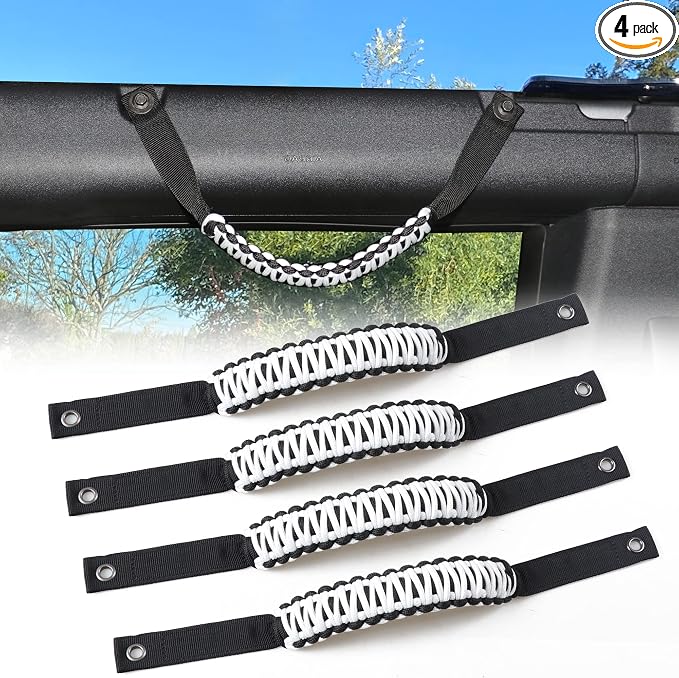 sukemichi Roll Bar Grab Handles for 2021-2026 Ford Bronco 2/4 Door, White | Paracord handles grab,Fits Bronco 2021-2026 hard & soft top,Off-road safety grip handle,Work with airbag,Not for Sport,4 Pack