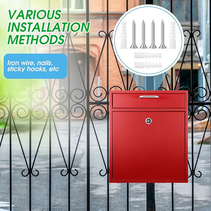 Yaocom Locking Mailbox with Key for Outdoor 12 x 10.5 x 4.7 Inches Large Wall Mount Mail Box with Lock Security Mail Drop Metal Collection Boxes Hanging Secure Postbox(Red)