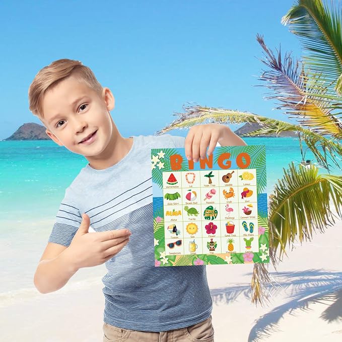 WATINC 41pcs Hawaiian Bingo Game, Tropical Summer Party Games with 24 Players, Hawaiian Bingo Cards for Kids School Classroom Party Supplies Activity, Luau Party Favors Gifts for Kids Toddlers