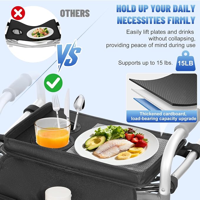 Rhino Valley Walker Tray for Folding Walker,Tray for Walker with Cup Holder | Tray for Walkers with Non-Slip Mat for Food, 3 Front Pockets & 6 Cup Holders, Walker Accessories for Senior, Black
