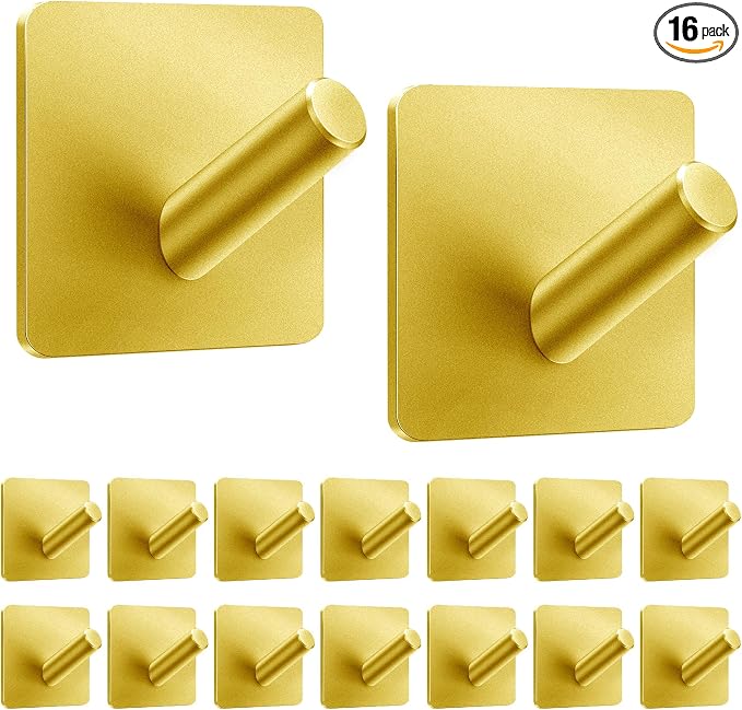xdgeLoad Heavy Duty Adhesive Hooks, Bath Towel Hooks 16 Pack, Adhesive Wall Hooks for Bathrooms/Coat/Robe/Kitchen, Non-Punching self-Adhesive Hooks, Matte Stainless Steel Gold, JRG-US-V16P-GOLD