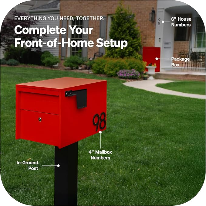 Adoorn Lockable Post Mount Mailboxes for Outside - Small Anti-Theft Locking Mailbox for Packages and Letters - Weatherproof Construction - Durable Steel - 12" H x 12" W x 18.5" D - Red