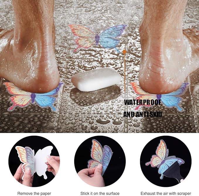 20 PCS Non Slip Bathtub Stickers, Adhesive Butterfly Anti Slip Decal Treads for Shower and Bath Tub with Premium Scraper (PurpleBlue)