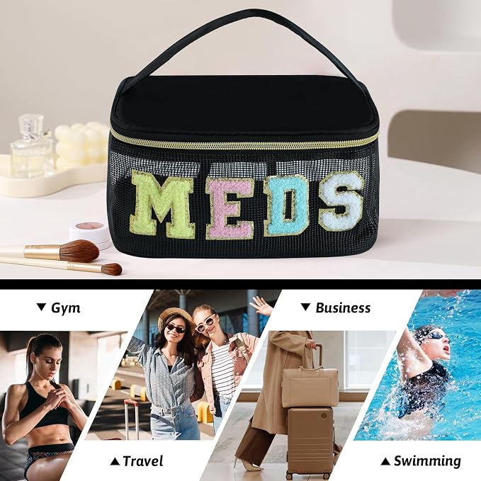 Medicine Bag, Portable Meds Bag with Chenille Letters, Breathable Mesh Makeup Bag Organizer for Travel, Pill Storage & Cosmetic Collection