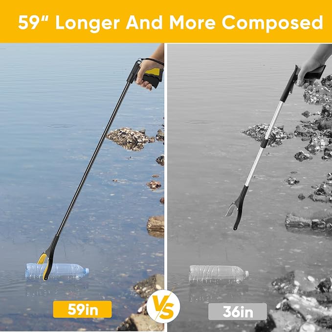 59 Inch Extra Long Grabber Reacher Tool，Pick Up Stick for Seniors with Strong Grip Magnetic，360°Rotating Anti-Slip Jaw 4" Wide Claw Opening,Hand Grabber for Reaching (YellowBlack, 59INCH)