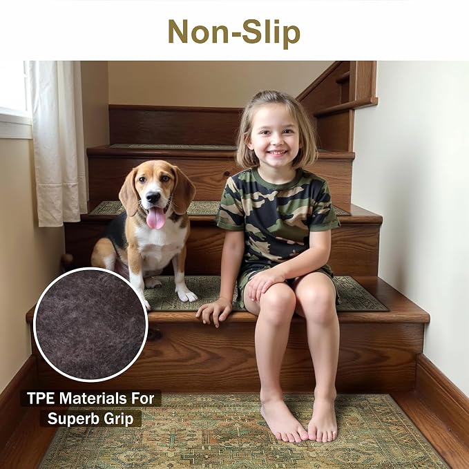 sarben 30"x30" Non Slip Stair Treads for Wooden Steps 1 Pack, Vintage Sage | Peel and Stick Carpet Stair Runner with TPE Adhesive Backing, Carpet for Added Safety, Pet and Senior Friendly