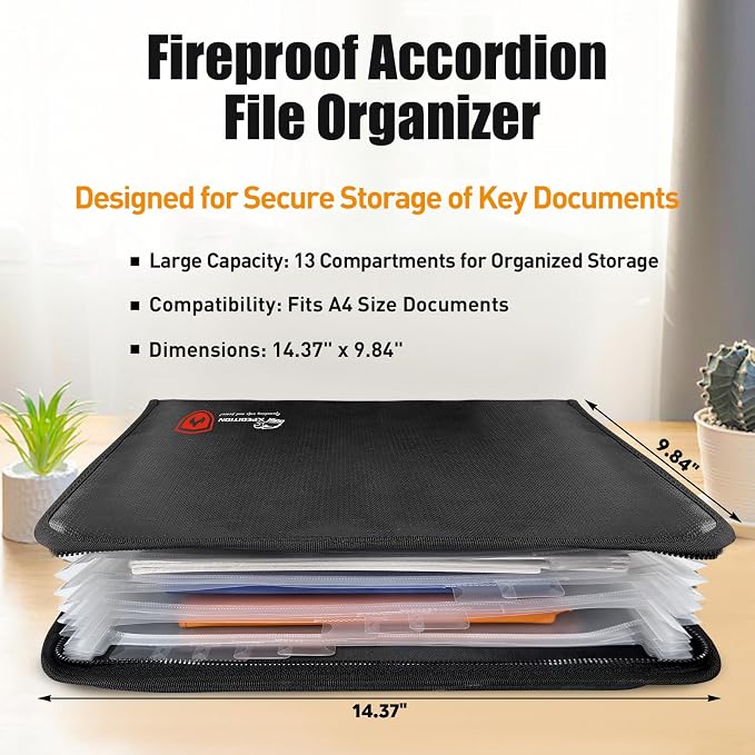 Fireproof Accordion File Organizer,Important Document Organizer,end of Life Planner Organizer Binder，Expanding Portable fire Proof Document Bag，Waterproof Folio Holder File folders for A4 Paper