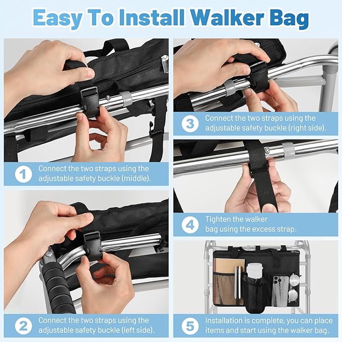 Rhino Valley Walker Bag, Large Capacity Walker Accessories Storage Bag with Multi Pockets & Cup Holder, Walker Basket with 4 pockets for Universal Walkers for Seniors, Black
