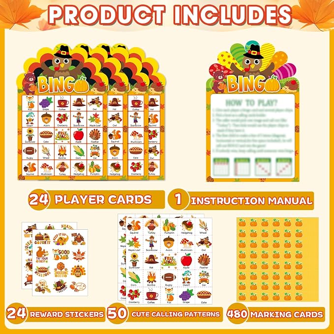 39 Pcs Thanksgiving Party Bingo Game for Adults Kids 24 Players Turkey Shaped Bingo Game Cards with Reward Stickers for Family Friends Students Large Group Activities Fall Autumn Festival Party Favors