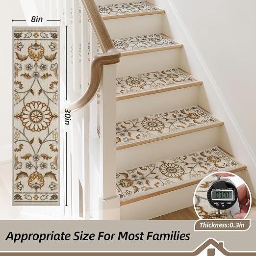 BEQHAUSE Stair Treads for Wooden Steps, 8"X30", 4pcs, Brown/Grey | Non-Slip Machine Washable Carpet Stair Treads, TPE Backing, 100% Polyester, Soft Indoor Stair Runner for Kids Elders and Pets