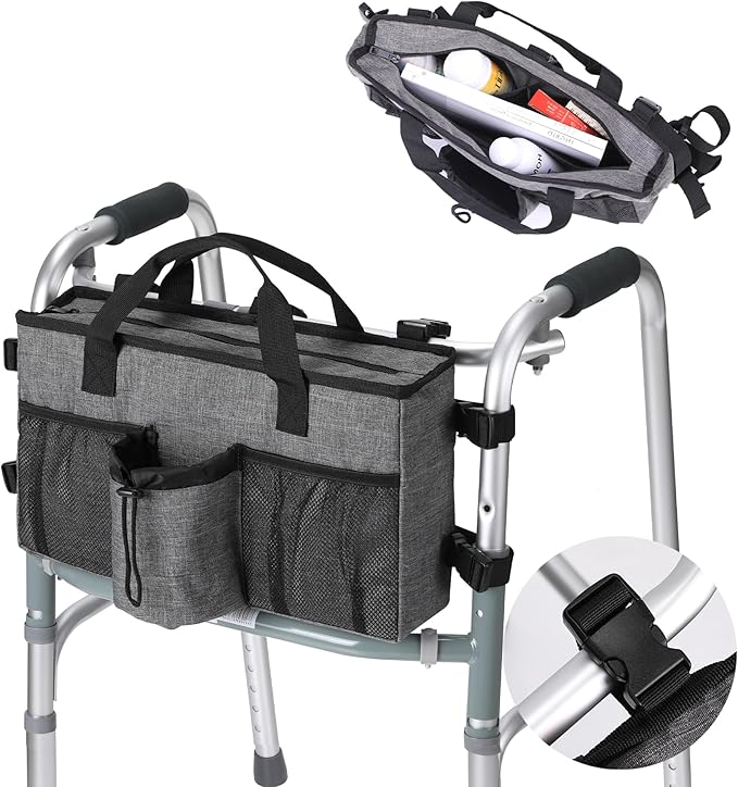 Bag for Walkers for Seniors with Pockets Walker Accessories Cup Holder Foldable Walker Pouches Storage Tray Basket (Gray)