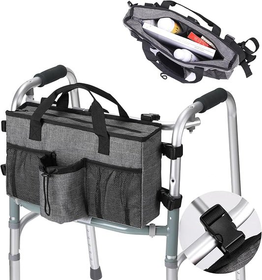 Bag for Walkers for Seniors with Pockets Walker Accessories Cup Holder Foldable Walker Pouches Storage Tray Basket (Gray)