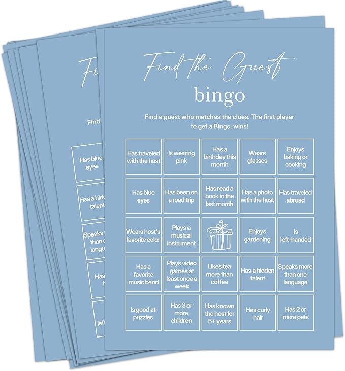 Find The Guest Bingo Cards – 25 Unique Cards, Icebreaker Party Games for Adults, Rustic Blue Mingle Activity for Birthday Parties, Family Reunions, Office Events & Friendsgiving