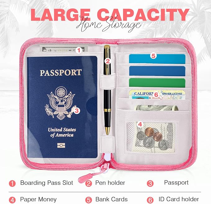 Single Passport Holder for Travel, RFID Travel Document Organizer for Women Waterproof Passport Wallet Men Portable Case for Cards, Boarding Pass, ID, Money, Tickets with Zipper