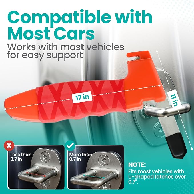 Car Door Handle for Elderly - Car Cane Mobility Aid Tool, Steel Hook, Supports Up to 300 lbs, 3 in 1 Car Door Latch Bar for Seniors & Handicapped, Easy Tool-Free Use, Pack of 2 - (Red)