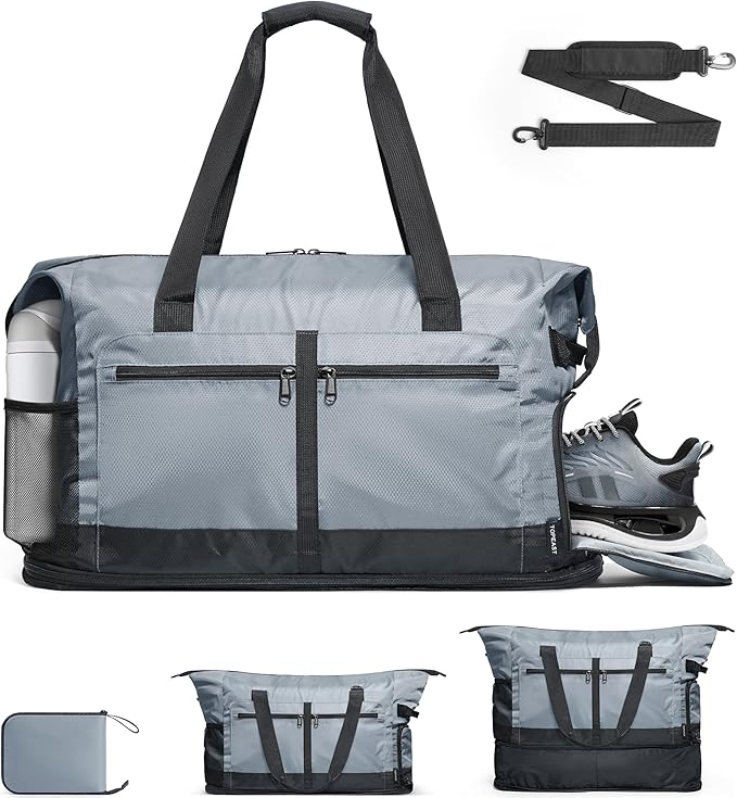TOPEAST Foldable Travel Bag for Men & Women, 65L Weekender Overnight Duffle Bag for Travel, Expandable Airline Approved Carry-On with Shoe Compartment, Lightweight Personal Item Bag, Water-resistant