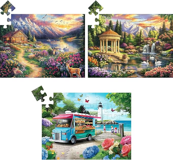3 Pack 48 Large Piece Puzzle for Seniors Alzheimer’s Puzzles Dementia Alzheimer's Products Activities for Elderly Adults Mountains Village Sea Easy Jigsaw Puzzle Cognitive Games with 3 Storage Bags