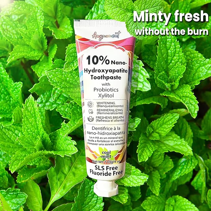 Anymoment 10% Nano Hydroxyapatite Toothpaste (Fluoride Free), Whitening*, Supports Enamel Care*, Appropriate for Sensitive Teeth*, SLS Free, Xylitol nHA Toothpaste for Adults, Mint 4oz (Pack of 2)