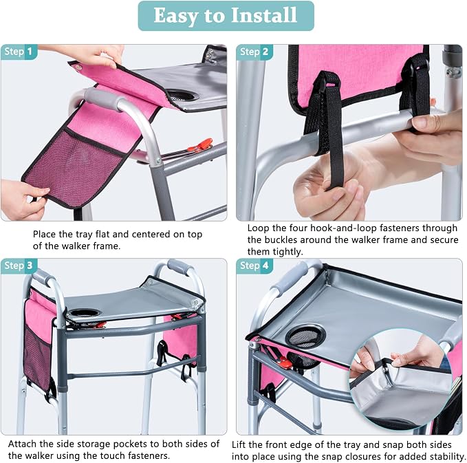 BAGSFY Walker Tray with Cup Holder & Side Pocket – Hard Top Walker Table for Seniors – Folding Walker Accessory for Meals, Reading, Drinks – Non-Slip Surface, Tool-Free Install, Universal Fit