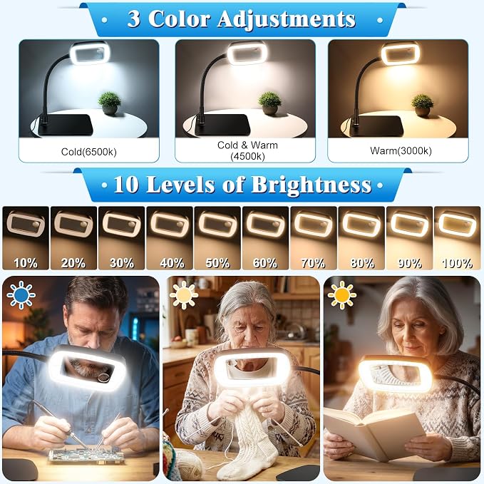 10X 30X Large Magnifying Glass with Light and Stand | Lighted Magnifier,72 LEDs,3 Color Modes , Hands-Free Magnifying Desk Lamp for Reading, Craft, Hobby, Close Work