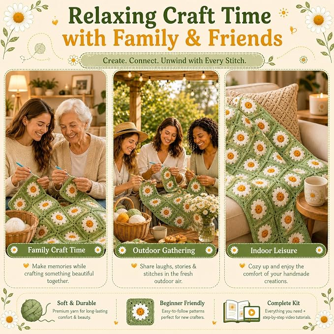 Coopay Crochet Kit for Beginners Adults, Large Granny Square Blanket Kit | Step-by-Step Guide Book & Video Tutorial, 1200g Anti-Pilling Yarn, Ideal Crochet Gift for Family & Beginners