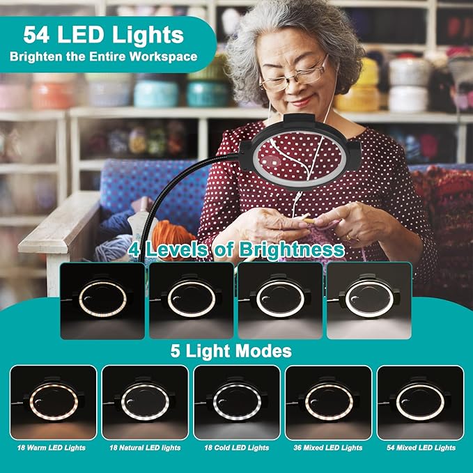 10X 30X Floor Magnifying Glass with Light and Stand, Large 54-LED Dimmable Magnifying Floor Lamp, 2 in 1 Lighted Magnifier for Reading,Close Work,Sewing, Crafts