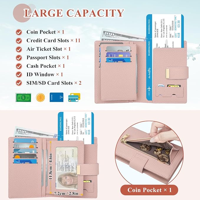 Pink Passport Holder with Airtag RFID Blocking Travel Wallet for Women, Leather Passport Wallet with Airtag Slot Slim Compact Passport Cover with Zipper Coin Pocket, Holder Card, SIM, Cash