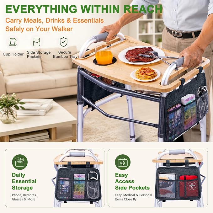 Walker Tray Table with Side Pockets & Cup Holder for Folding Walkers, Foldable Bamboo Walker Tray for Seniors, Stable Walker Accessories with Raised Edges for Meals, Drinks, Reading &Daily Living