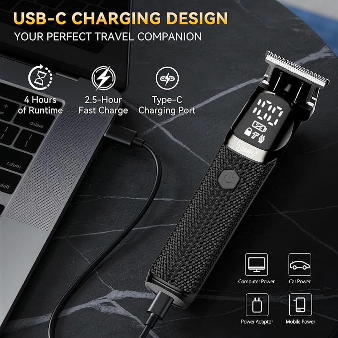 Hatteker 6-in-1 Men’s Grooming Kit, IPX6 Waterproof Electric Beard Trimmer, Cordless Hair Clipper for Beard, Nose, Ear & Body Grooming, Stainless Steel Blade with LED Display, Type-C Charging