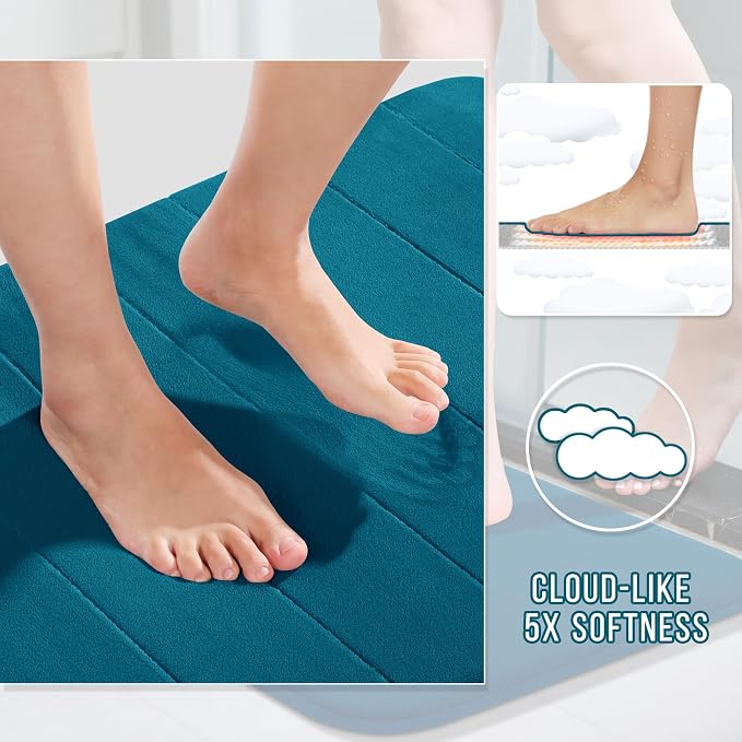 Yimobra Memory Foam Toilet Bath Mat U-Shaped, Soft and Comfortable, Water Absorption, Non-Slip, Thick, Machine Wash and Easier to Dry for Bathroom Commode Contour Rug, 24 X 20 Inches, Peacock Blue