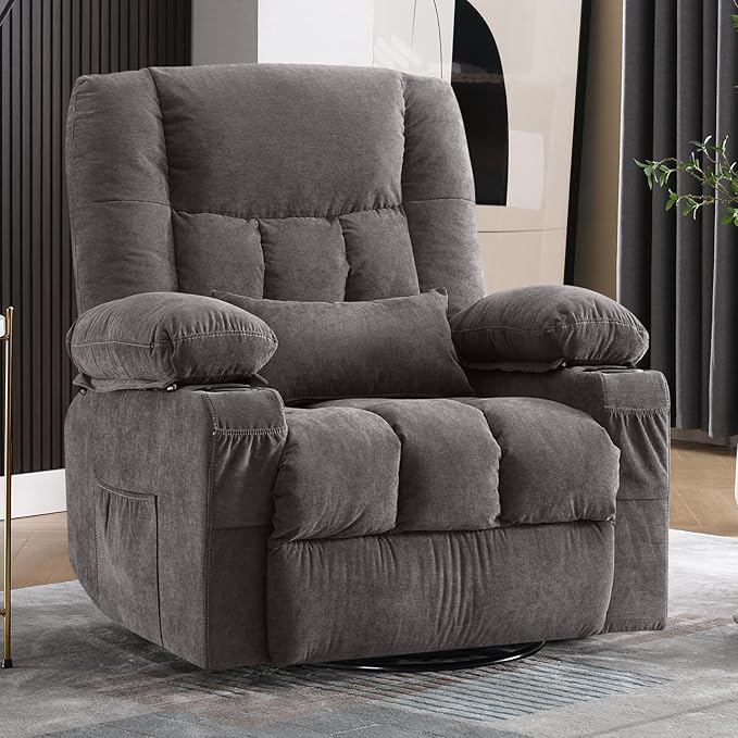 Massage Swivel Rocker Recliner Chair with Vibration Massage and Heat Ergonomic Lounge Chair for Living Room with Rocking Function and Side Pocket, 2 Cup Holders, USB Charge Port