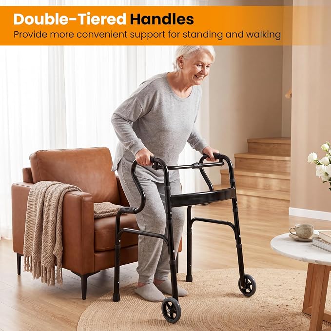 Goplus 3-in-1 Stand-Assist Folding Walker with 5" Wheels, Heavy Duty Walking Mobility Aid Supports up to 220lbs, Can be Used as Toilet Safety Rail, Narrow Drive Walkers for Seniors Elderly Adult