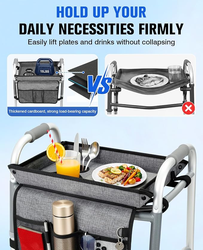 Rhino Valley Walker Tray for Folding Walker,Tray for Walker with Cup Holder | Sturdy & Non-Slip Tray for Walkers,Fits Standard Walkers,Removable&Easy Assembly, Mobility Accessory for Seniors Meals Drinks
