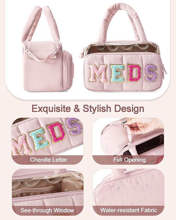 Fasrom Chenille Letter Medicine Bag, Pill Bottle Organizer for Travel Meds | Preppy Patch Design, Puffy Handle, Portable Storage for Medical Supplies & Toiletries, Makeup Case for Women