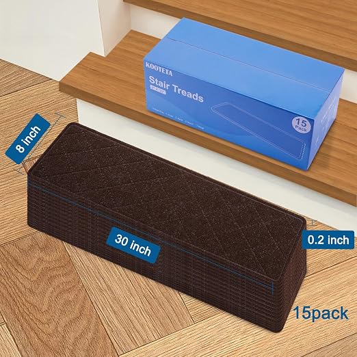 KOOTETA Stair Treads for Wooden Steps Indoor, 15 Pack 8" X 30" Non Slip Carpet Stair Treads with Reusable Adhesive for Elders and Dogs, Surface Polyester TPR Backing Stair Rugs, Brown