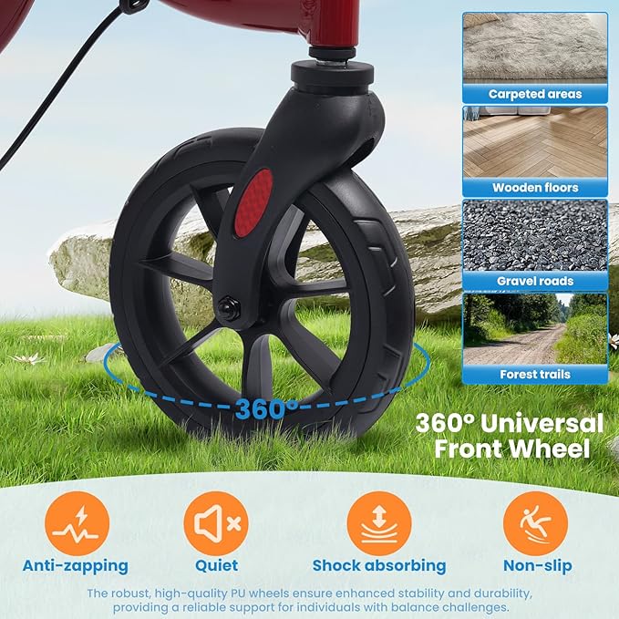 Rollator Walker for Seniors/Adults Foldable Rolling Walker with Seat 330 lbs Capacity 4 Big 8 inch Wheels Hand Grips Adjustable Height Lightweight Aluminum Walker Removable Back Support 7209(Red)