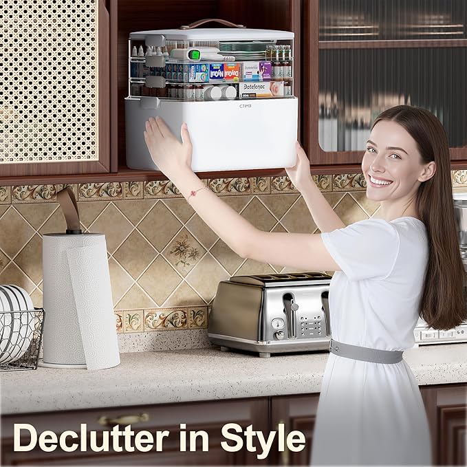 CTIME 4-Tier XL Medicine Organizer - Portable Medicine Cabinet with Leather Handle, Empty First Aid Kit for Home Organization Must, School, Dormitory, Travel, RV, Dorm, Ideal Elderly Gift