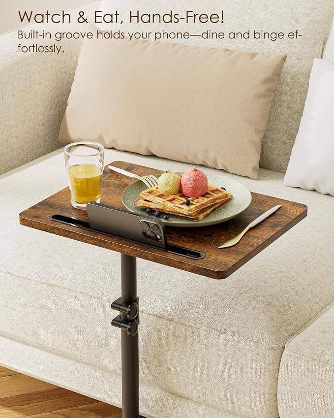 Masupu Sofa Arm Tray Table - 360° Swivel Height Adjustable End Table, Small Snack Side Table for Couch, C Shaped Table for Bed, Chair or TV Tray Table(Rustic Brown)