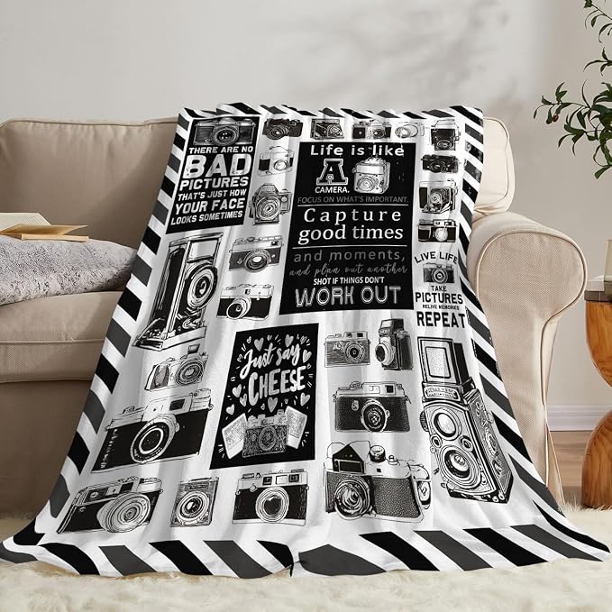 Yibuda Retro Camera Blanket Photography Flannel Plush Throw Blanket Cozy Black White Decor Fleece Stuff Blanket Gifts for Lover Girls Boys Kids Adults Women Bed Travel 60"x80"